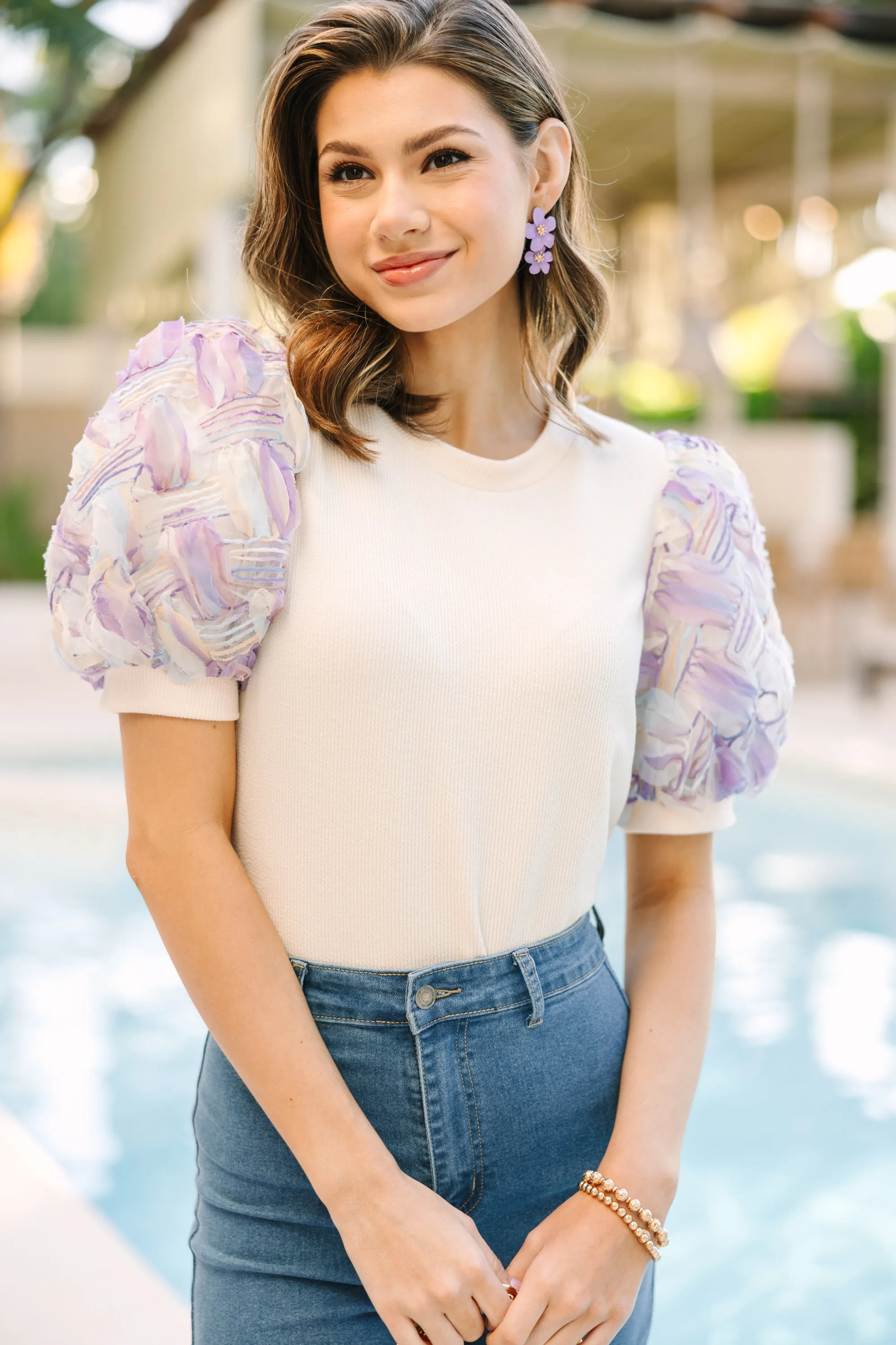 Live Your Life Cream White Textured Purple Sleeve Blouse