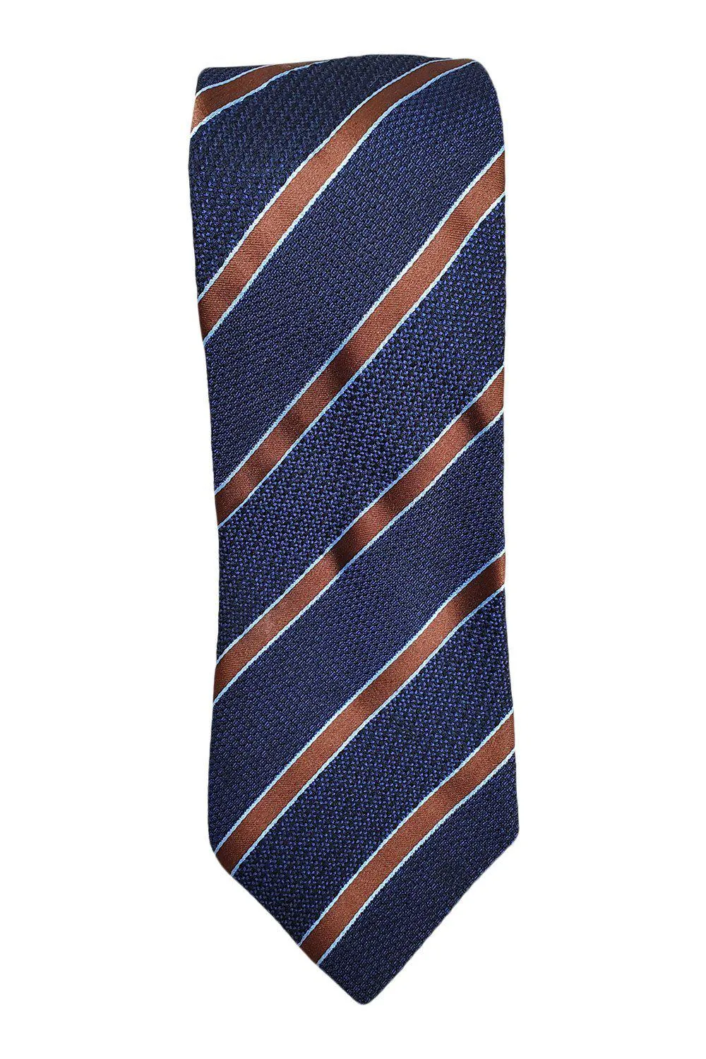 LOEWE 100% Silk Dark Blue Tie Bronze And Light Blue Stripes Repeat (60 L | 3.5 W)