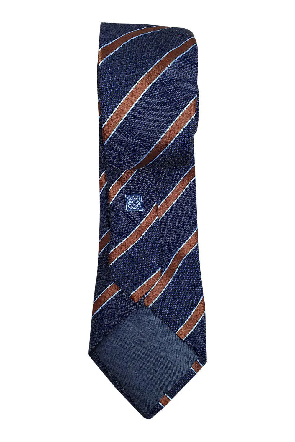 LOEWE 100% Silk Dark Blue Tie Bronze And Light Blue Stripes Repeat (60 L | 3.5 W)