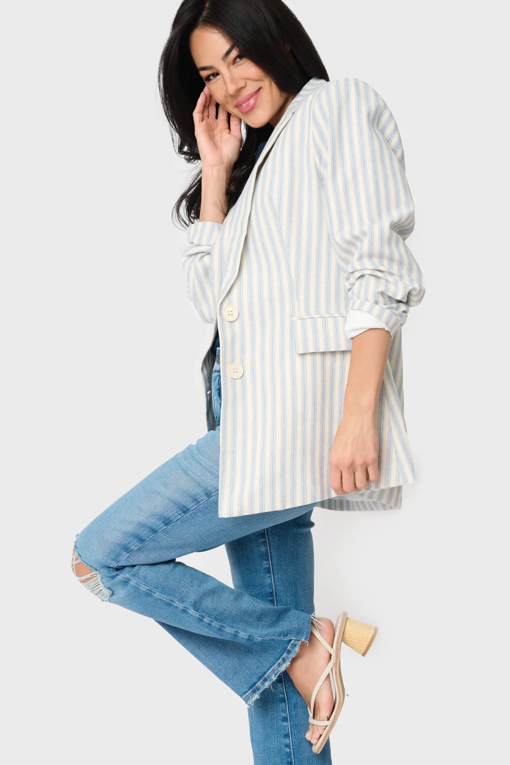 Long Line Striped Linen Blazer