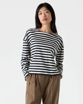 LONG SLEEVE BOAT NECK T-SHIRT / NAVY ECRU STRIPE