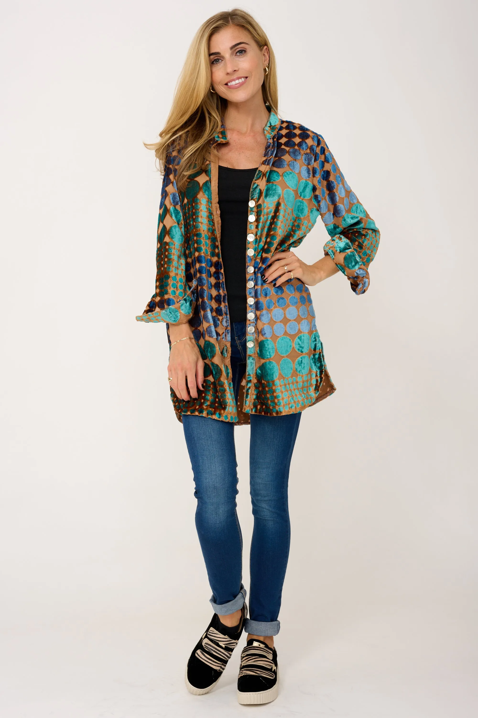 Louise Velvet Shirt in Turquoise Spot