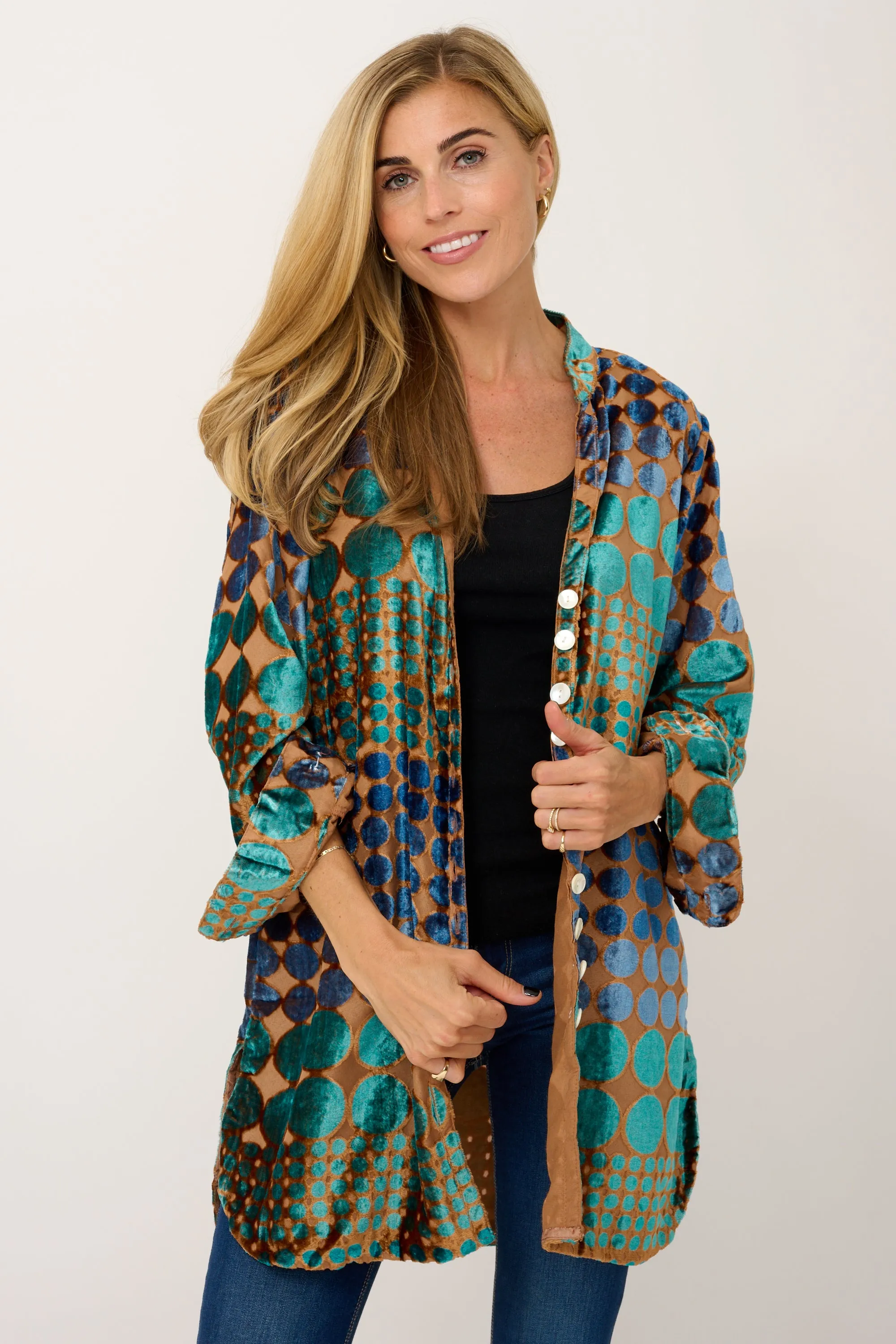 Louise Velvet Shirt in Turquoise Spot