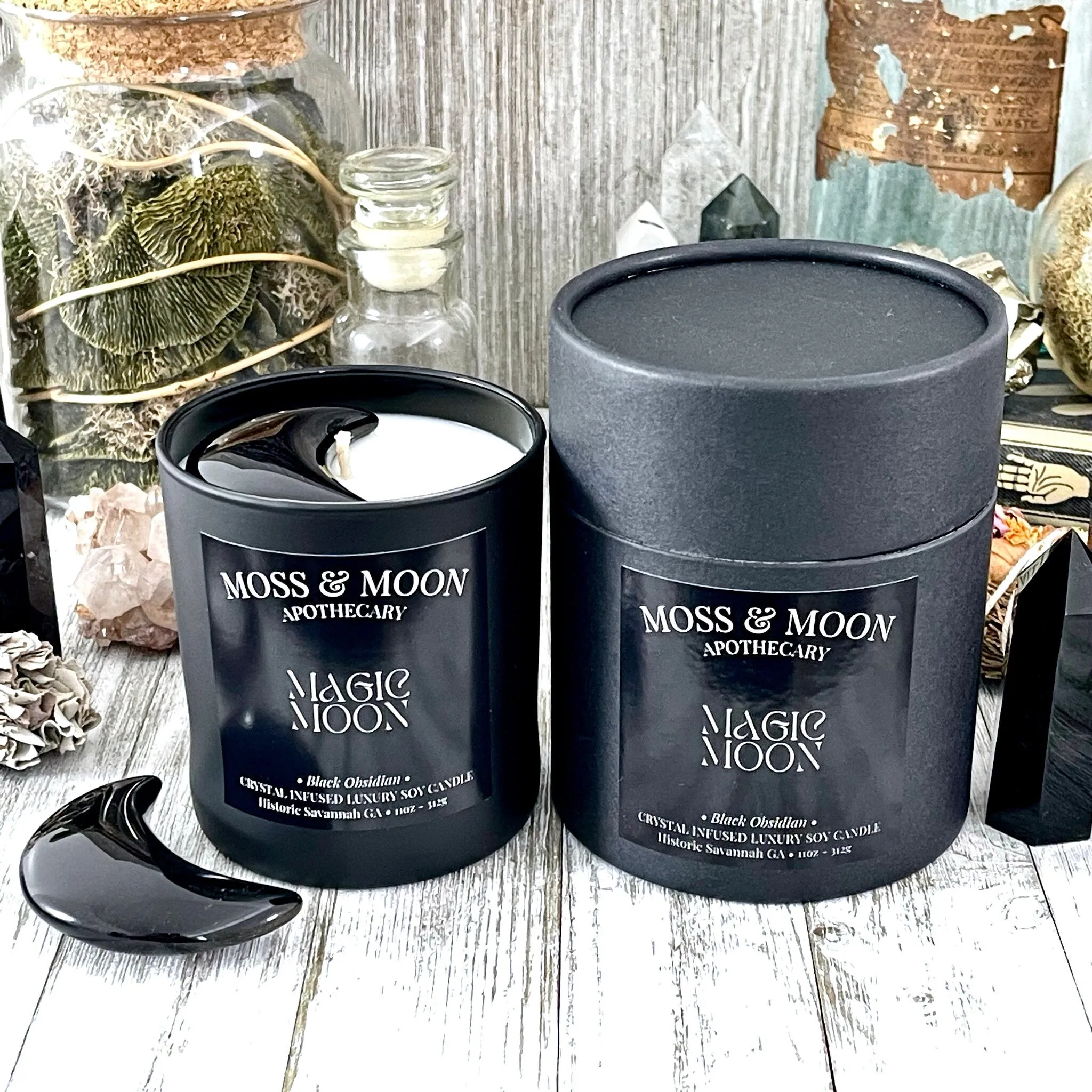 Magic Moon Candle with Black Obsidian - Moss & Moon Apothecary Luxury Soy Crystal Candle /