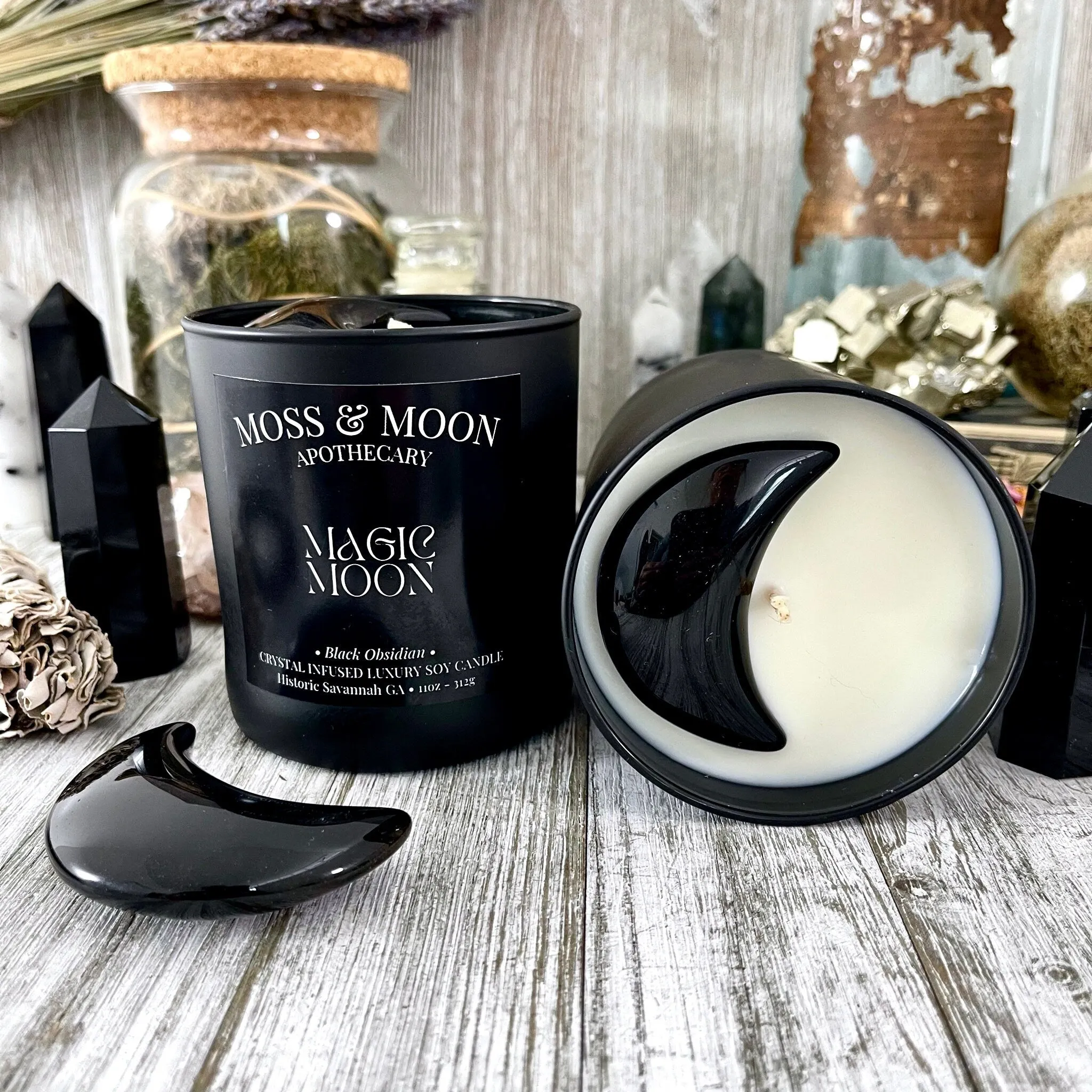 Magic Moon Candle with Black Obsidian - Moss & Moon Apothecary Luxury Soy Crystal Candle /