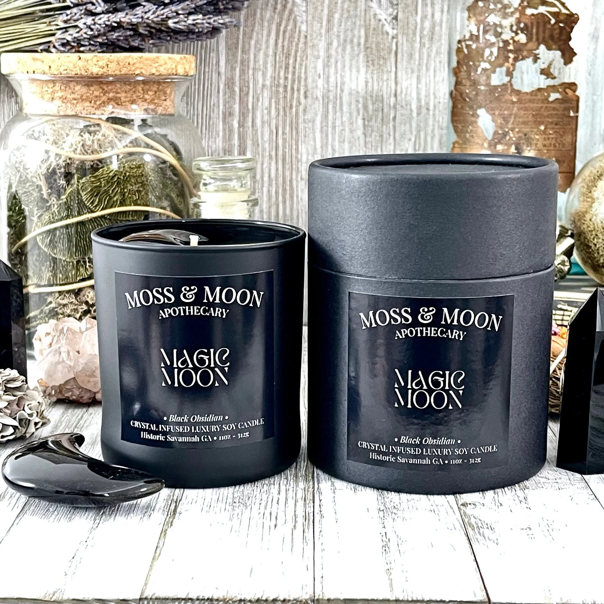 Magic Moon Candle with Black Obsidian - Moss & Moon Apothecary Luxury Soy Crystal Candle /