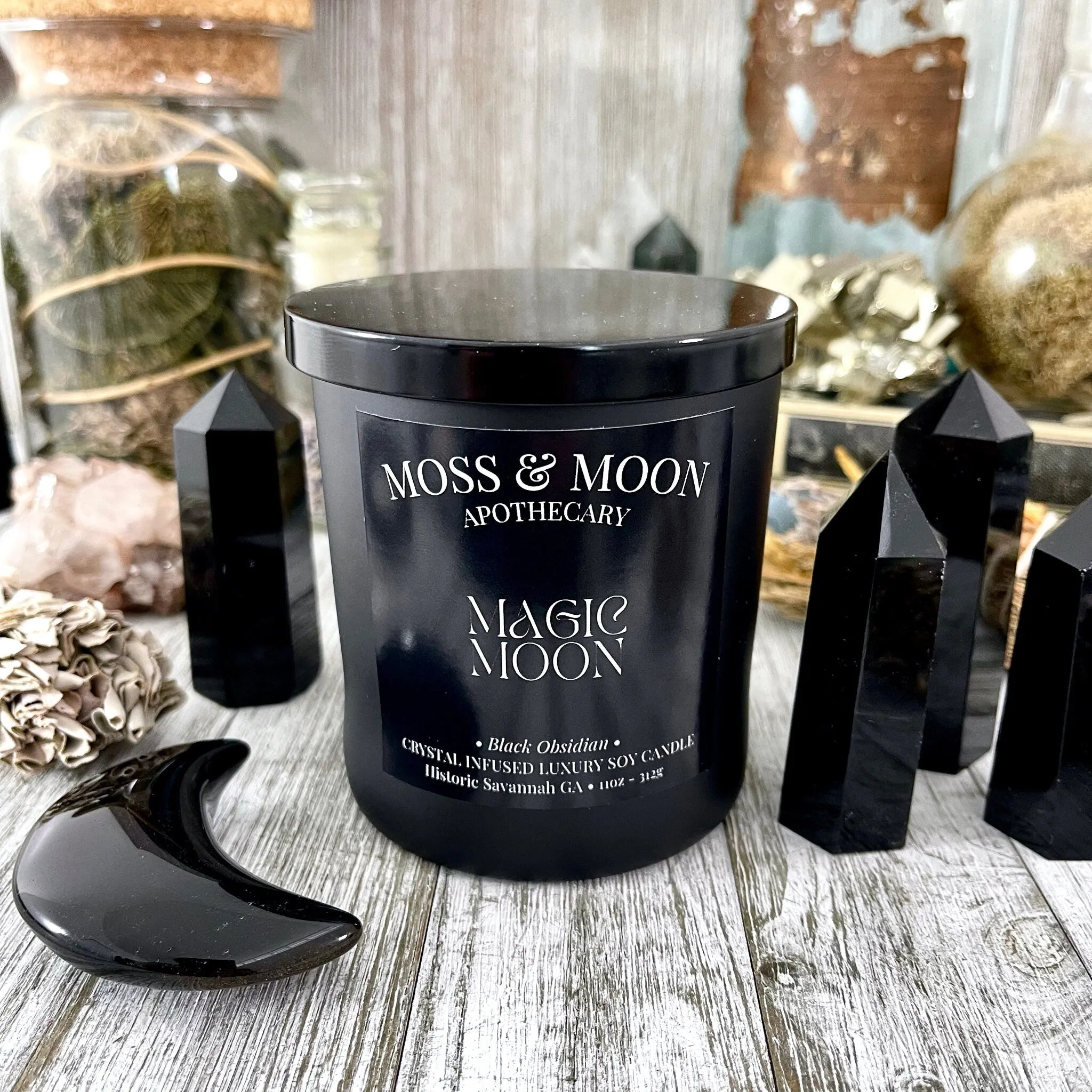 Magic Moon Candle with Black Obsidian - Moss & Moon Apothecary Luxury Soy Crystal Candle /