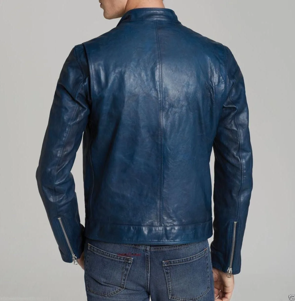 Men Lambskin Classic Zipper Jacket Slim Fit Biker Blue Jacket