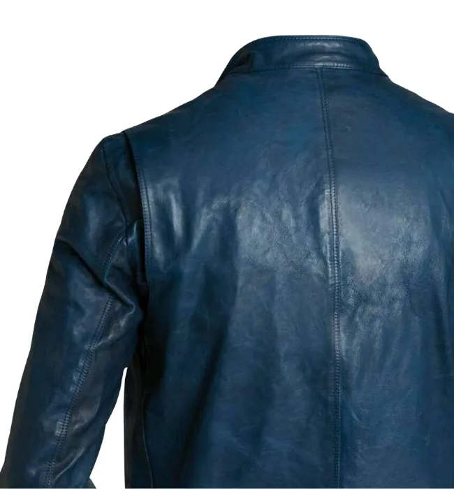 Men Lambskin Classic Zipper Jacket Slim Fit Biker Blue Jacket