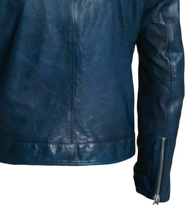 Men Lambskin Classic Zipper Jacket Slim Fit Biker Blue Jacket