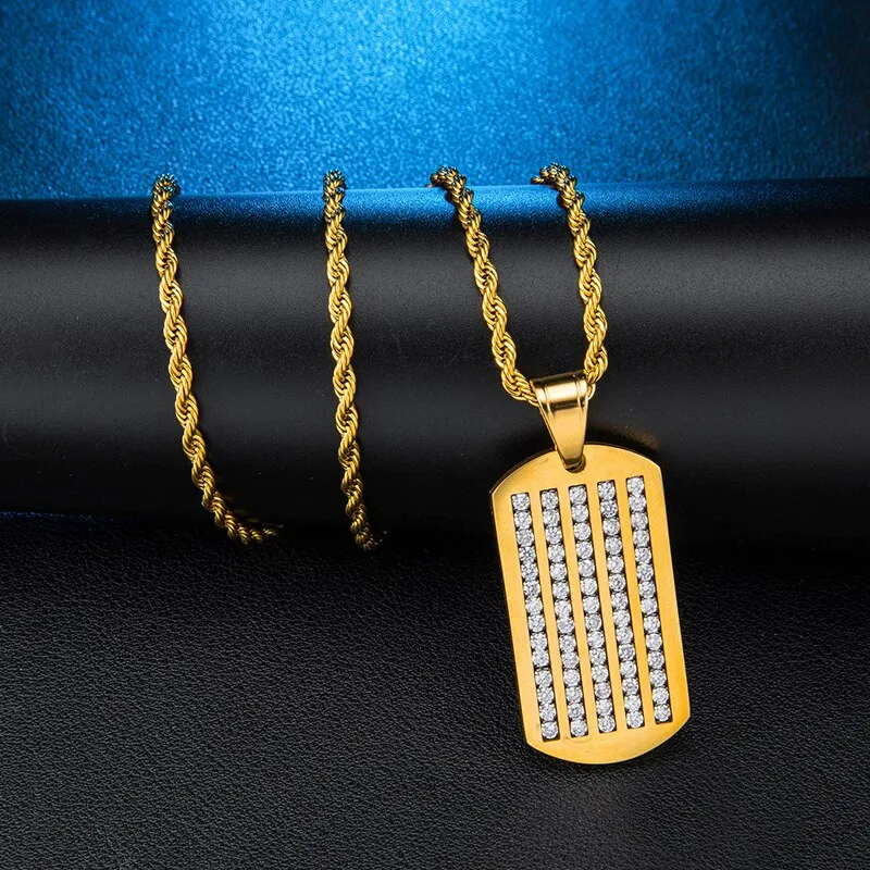 Micro-Paved Rhinestone-Studded Dog Tag Bling Rope Chain Stainless Steel Hip-hop Pendant Necklace