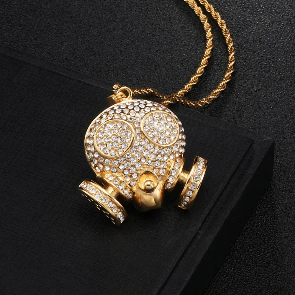 Micro Paved Rhinestone-Studded Skull Bling Stainless Steel Hip-hop Pendant Necklace