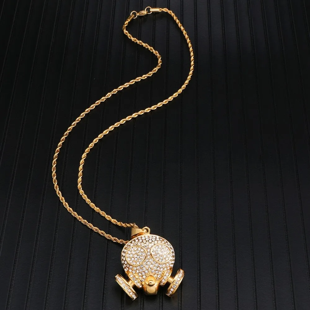 Micro Paved Rhinestone-Studded Skull Bling Stainless Steel Hip-hop Pendant Necklace