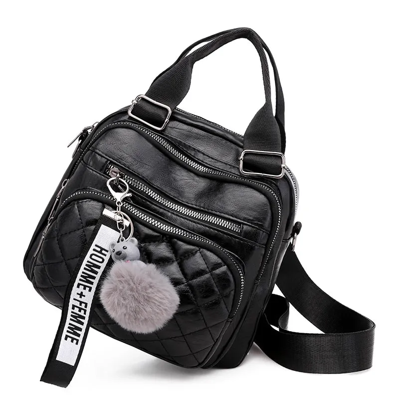 Multifunction Hairball Pendant and Rhombic Pattern Stitches Leather Backpack