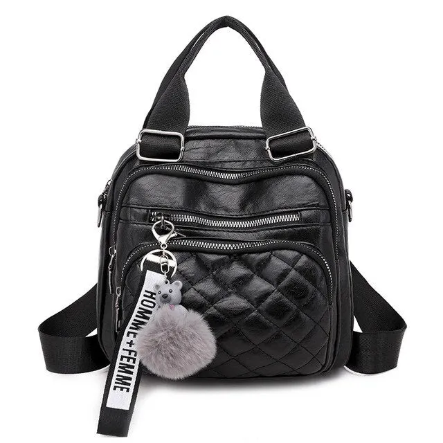 Multifunction Hairball Pendant and Rhombic Pattern Stitches Leather Backpack