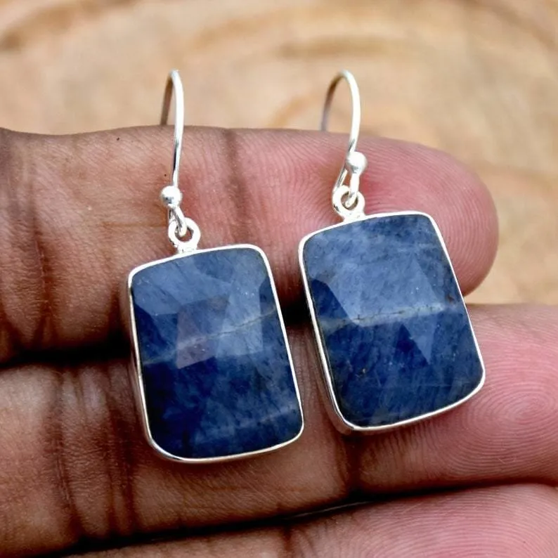 Natural Blue Sapphire Sterling Silver Earrings,Handmade Jewelry, Faceted Gemstone, Anniversary Gift For Her