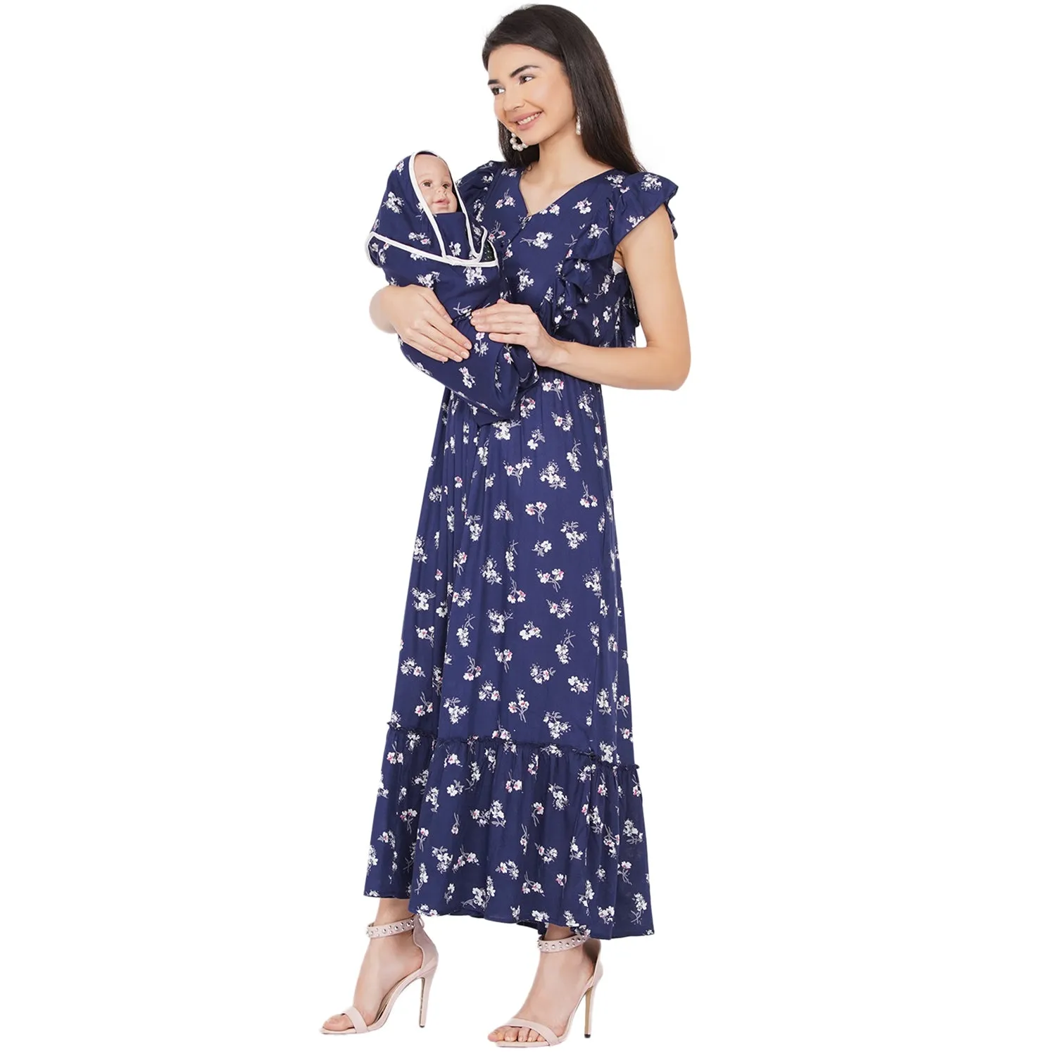 Navy Blue floral  Maxi Maternity dress for Mom  & Matching Baby Wrapper set