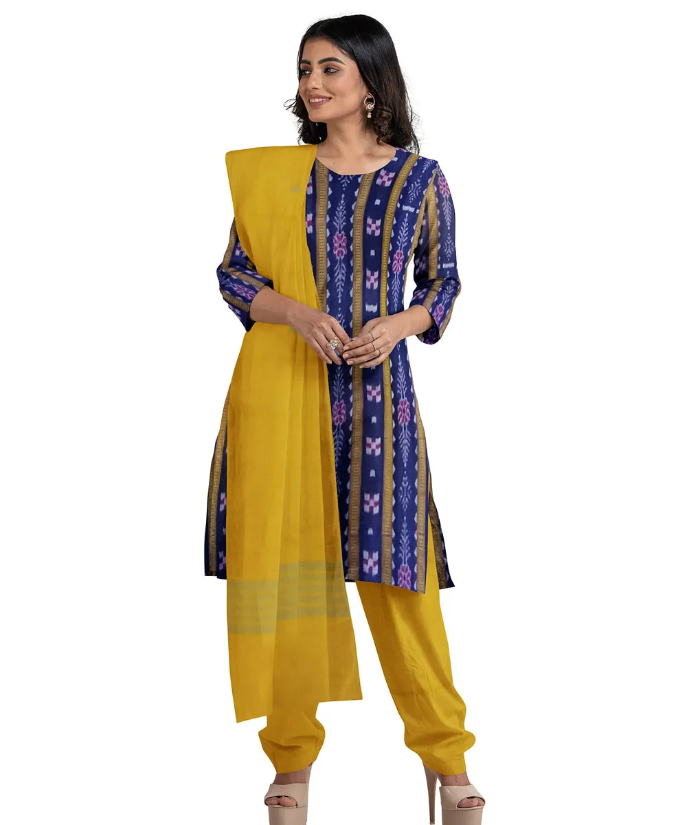 Navy blue yellow handwoven cotton nuapatna dress material