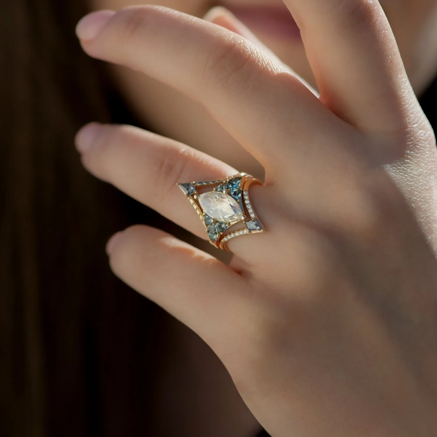 Nesting Kite Diamond Wedding Ring with a Pave Diamond Band