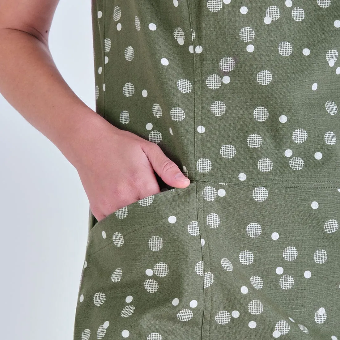 Nina Cotton & Linen Polka Dot Pinafore Dress | Olive