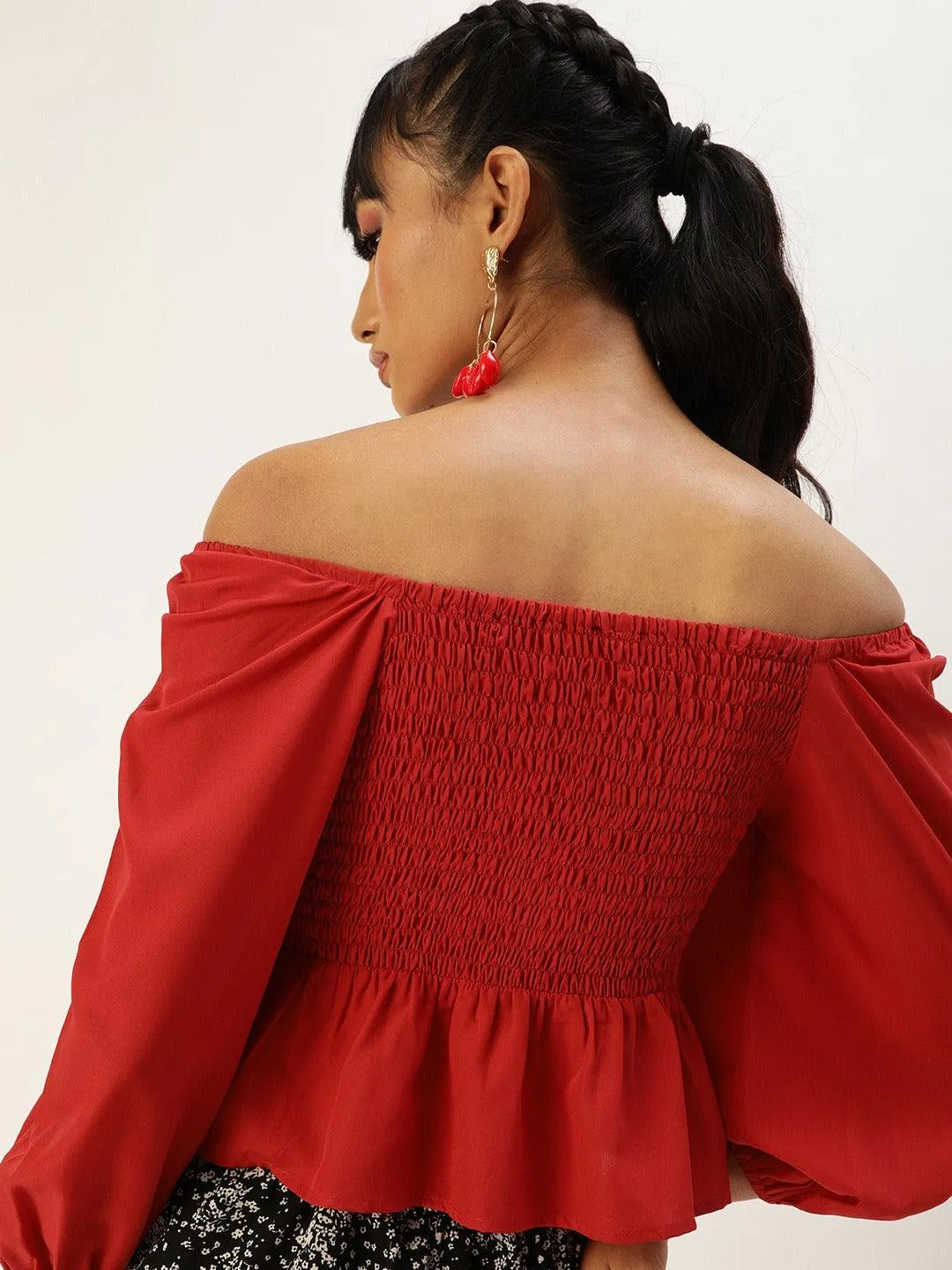 Off-Shoulder Puff Sleeve Smocked Crepe A-Line Crop Top