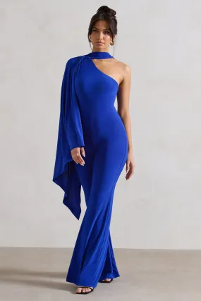 Offset | Royal Blue Asymmetric Flared-Leg Jumpsuit With Cape Sleeve