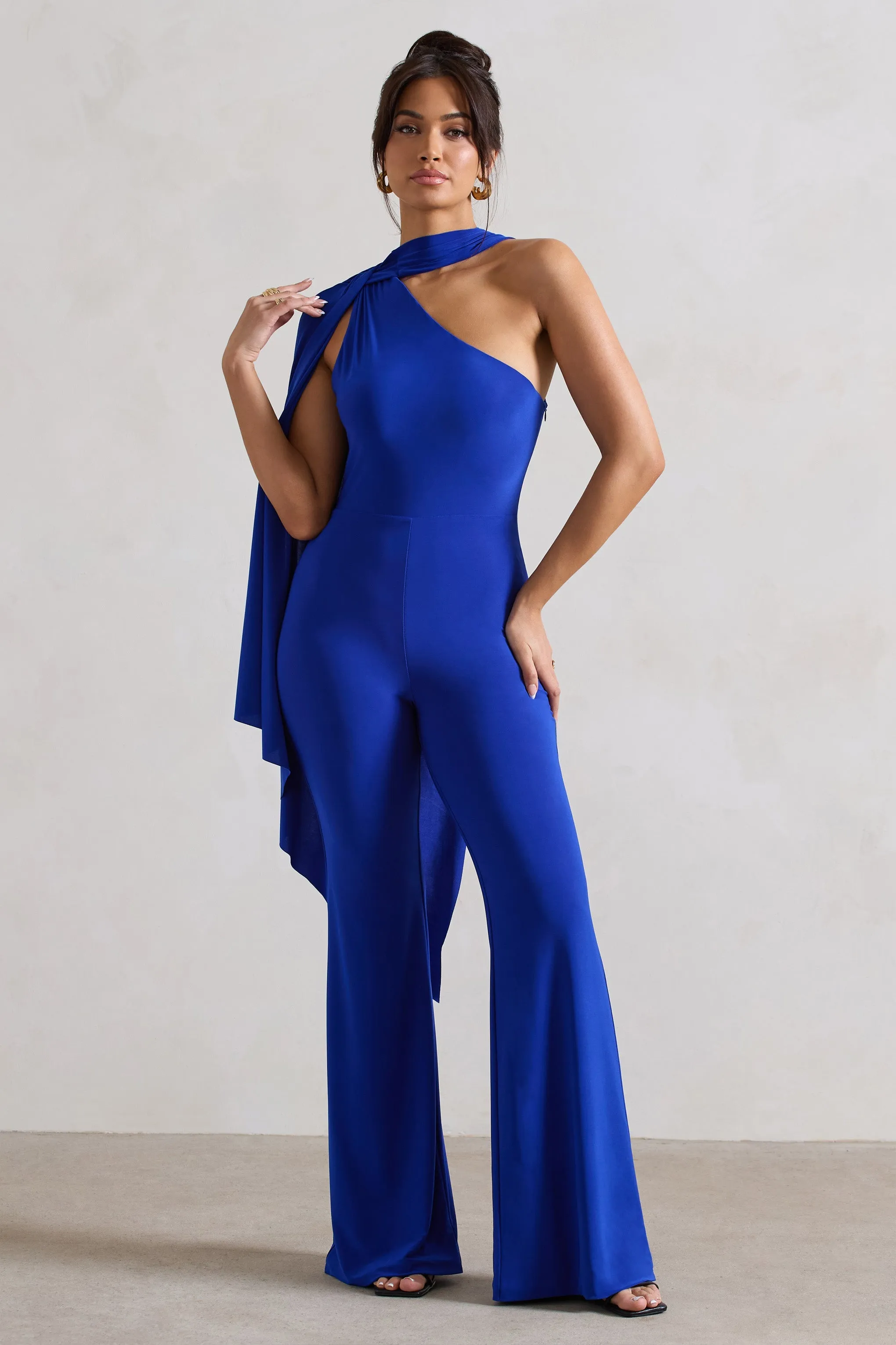 Offset | Royal Blue Asymmetric Flared-Leg Jumpsuit With Cape Sleeve