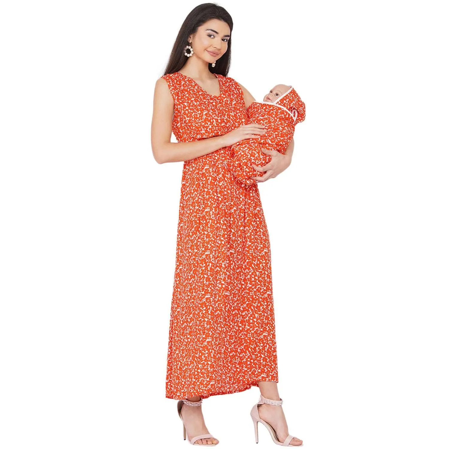 Orange floral  Maxi Maternity dress for Mom  & Matching Baby Wrapper set