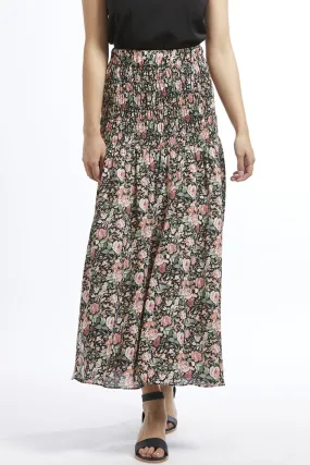 Passionate Black Floral Shirred Waist Maxi Skirt