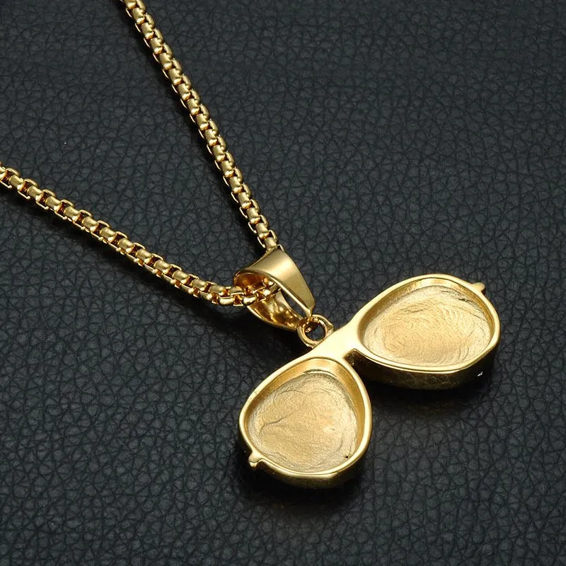 Paved Crystal-Studded Gold-Plated Sunglasses Bling Stainless Steel Hip-hop Pendant Necklace