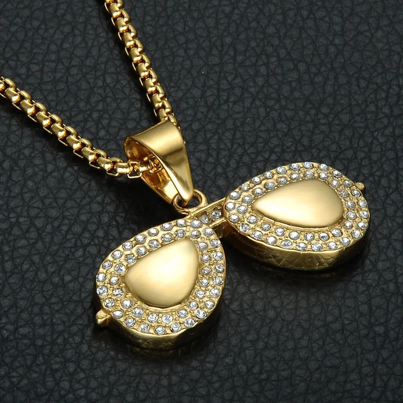 Paved Crystal-Studded Gold-Plated Sunglasses Bling Stainless Steel Hip-hop Pendant Necklace