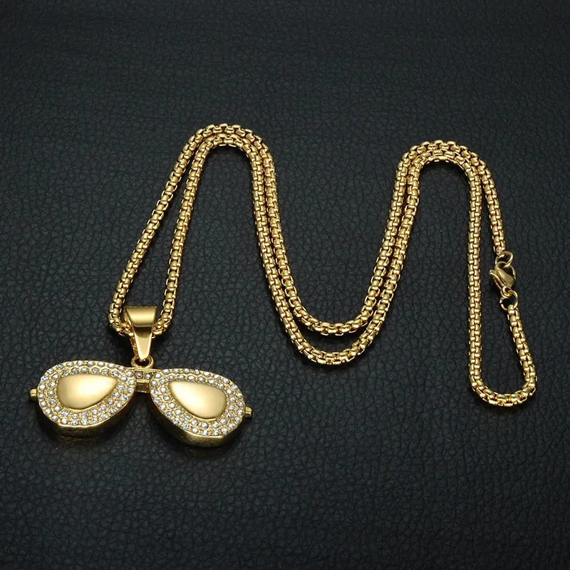 Paved Crystal-Studded Gold-Plated Sunglasses Bling Stainless Steel Hip-hop Pendant Necklace