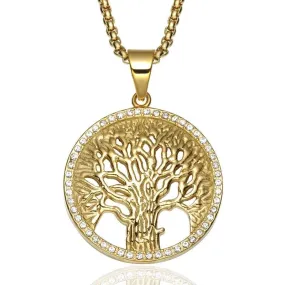 Paved Crystal-Studded Gold-Plated Tree of Life Bling Stainless Steel Hip-hop Pendant Necklace