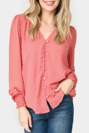 Pin Dot Smocked Detail V-Neck Blouse