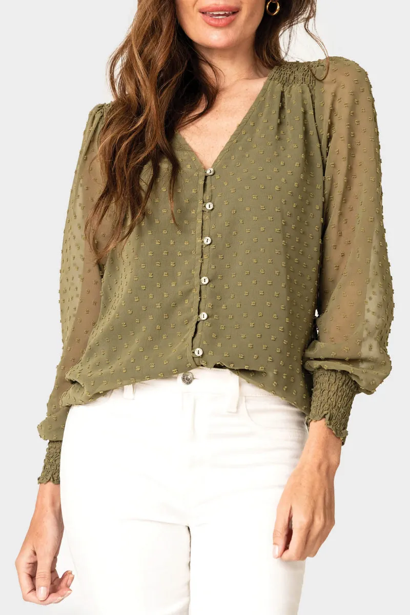 Pin Dot Smocked Detail V-Neck Blouse