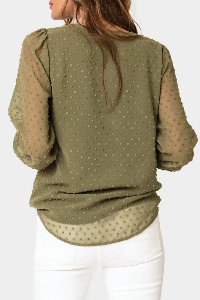 Pin Dot Smocked Detail V-Neck Blouse