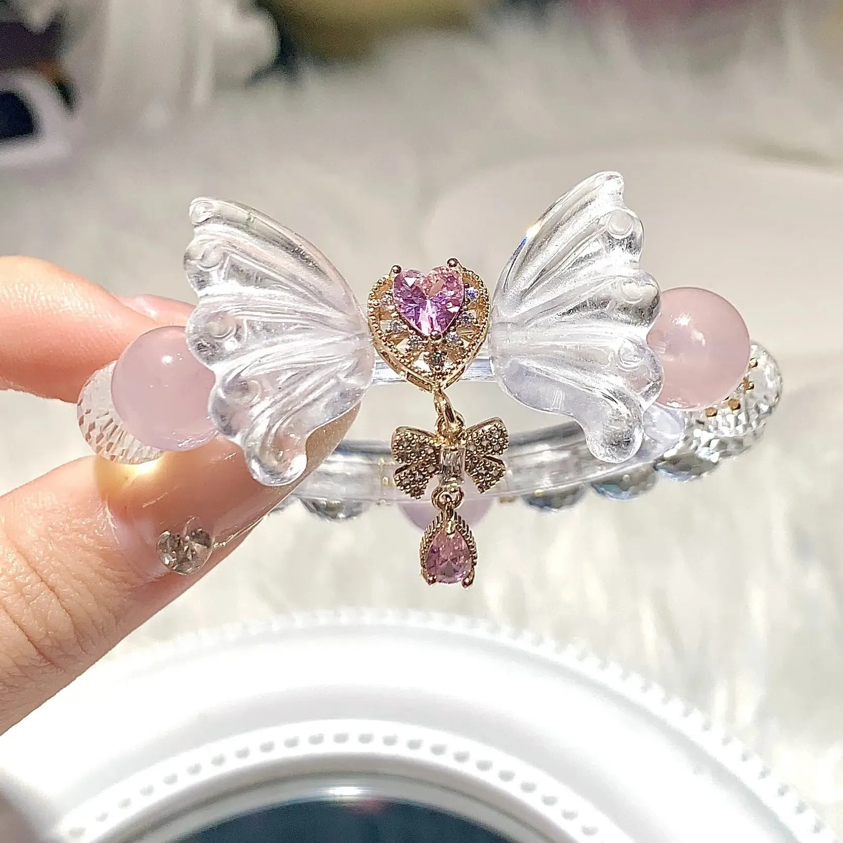 Pink Butterfly Charm Clear Quartz Bracelet