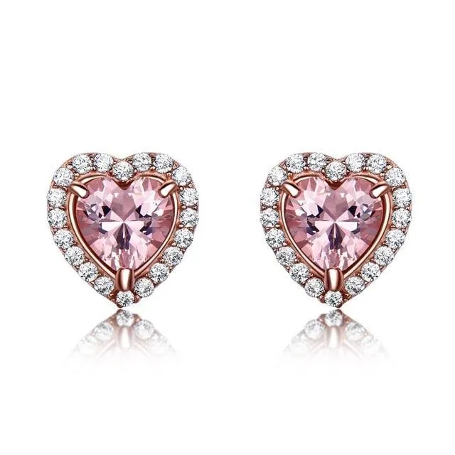 Pink Heart Morganite and Cubic Zirconia 925 Sterling Silver Wedding Stud Earrings