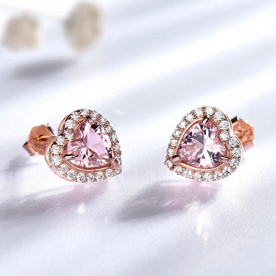 Pink Heart Morganite and Cubic Zirconia 925 Sterling Silver Wedding Stud Earrings