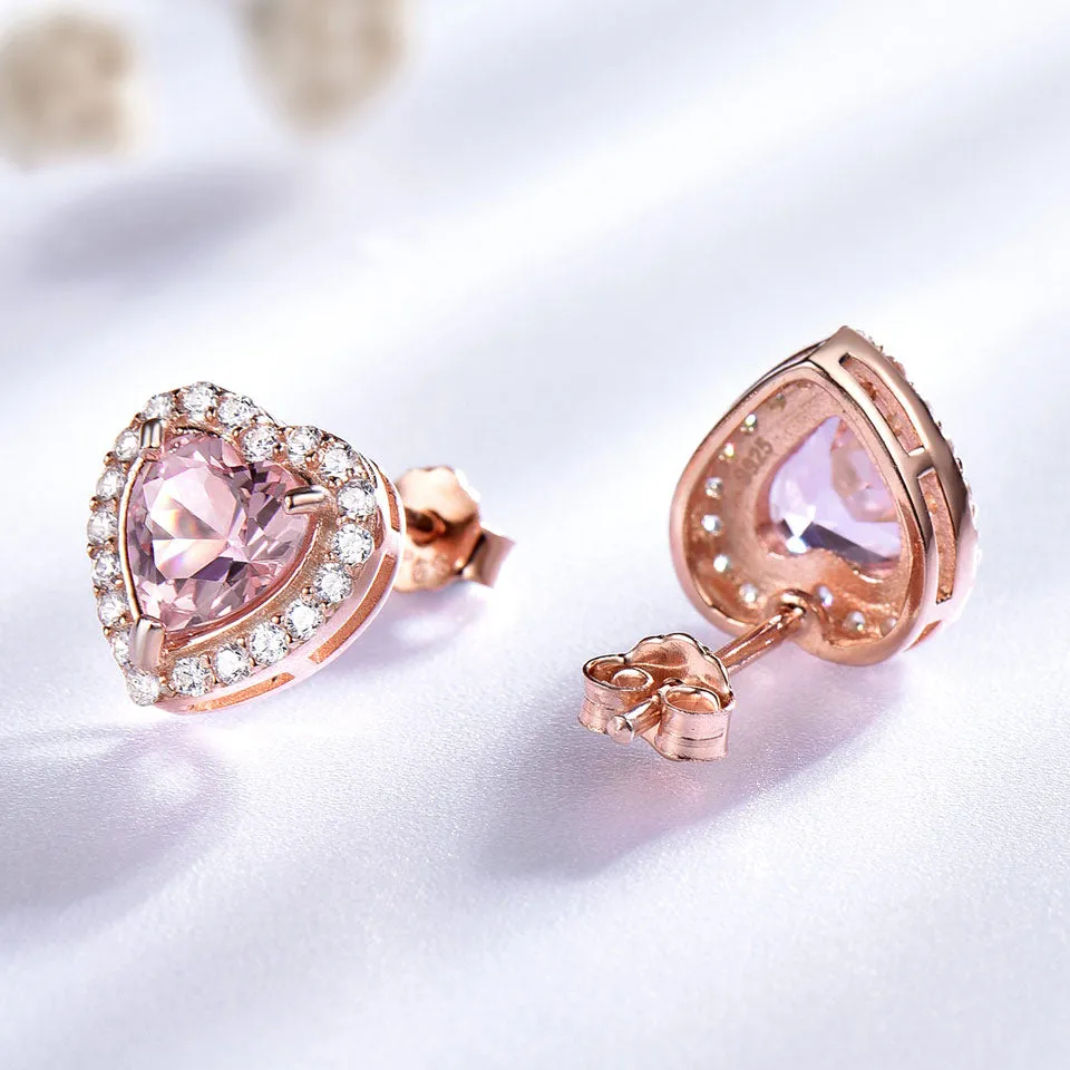 Pink Heart Morganite and Cubic Zirconia 925 Sterling Silver Wedding Stud Earrings