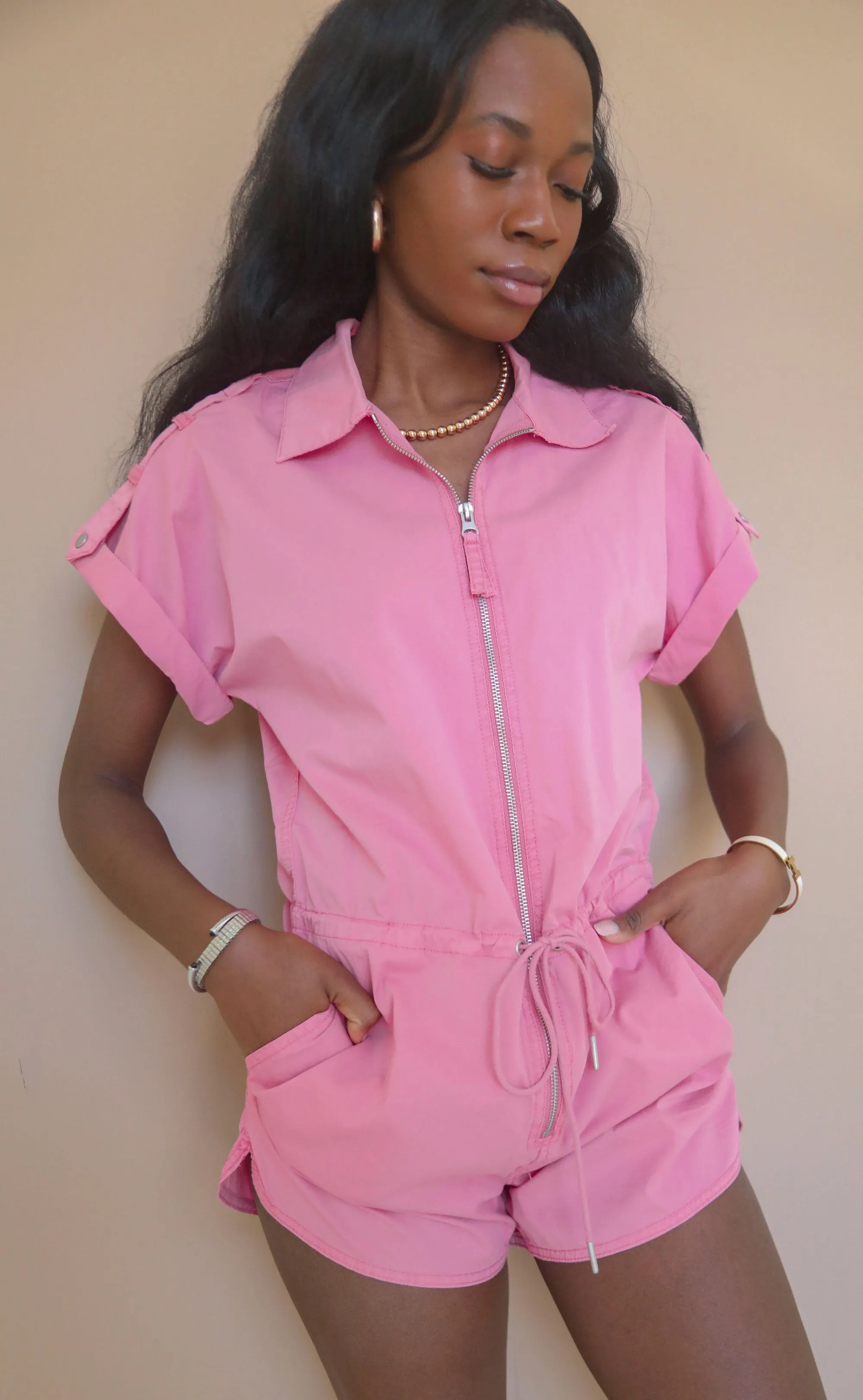 pistola: meg short sleeve zip front romper - flamingo