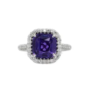 Platinum Cushion Cut Sapphire and Diamond Halo Ring