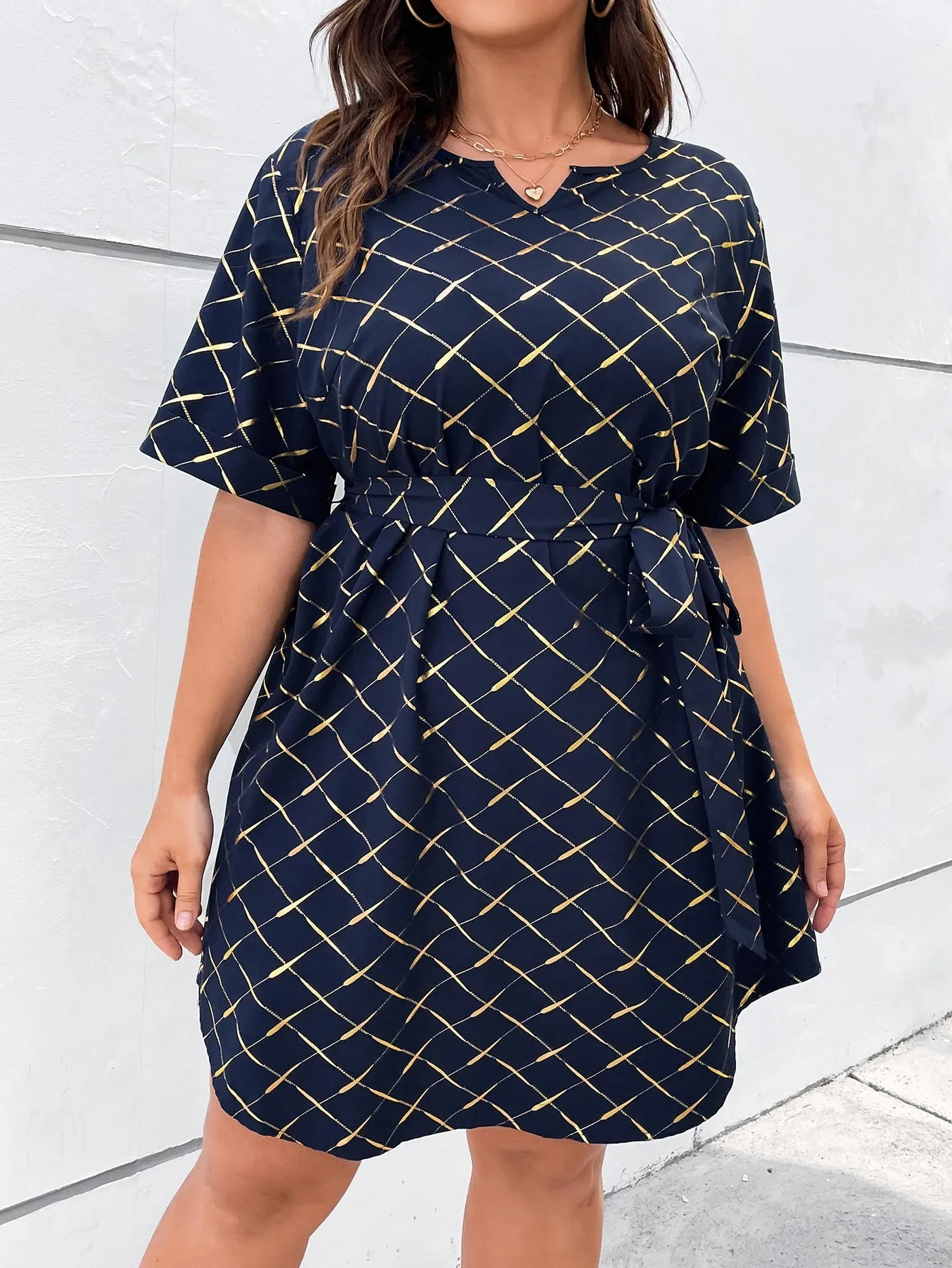 Plus Notched Neck Belted Grid Print Dress