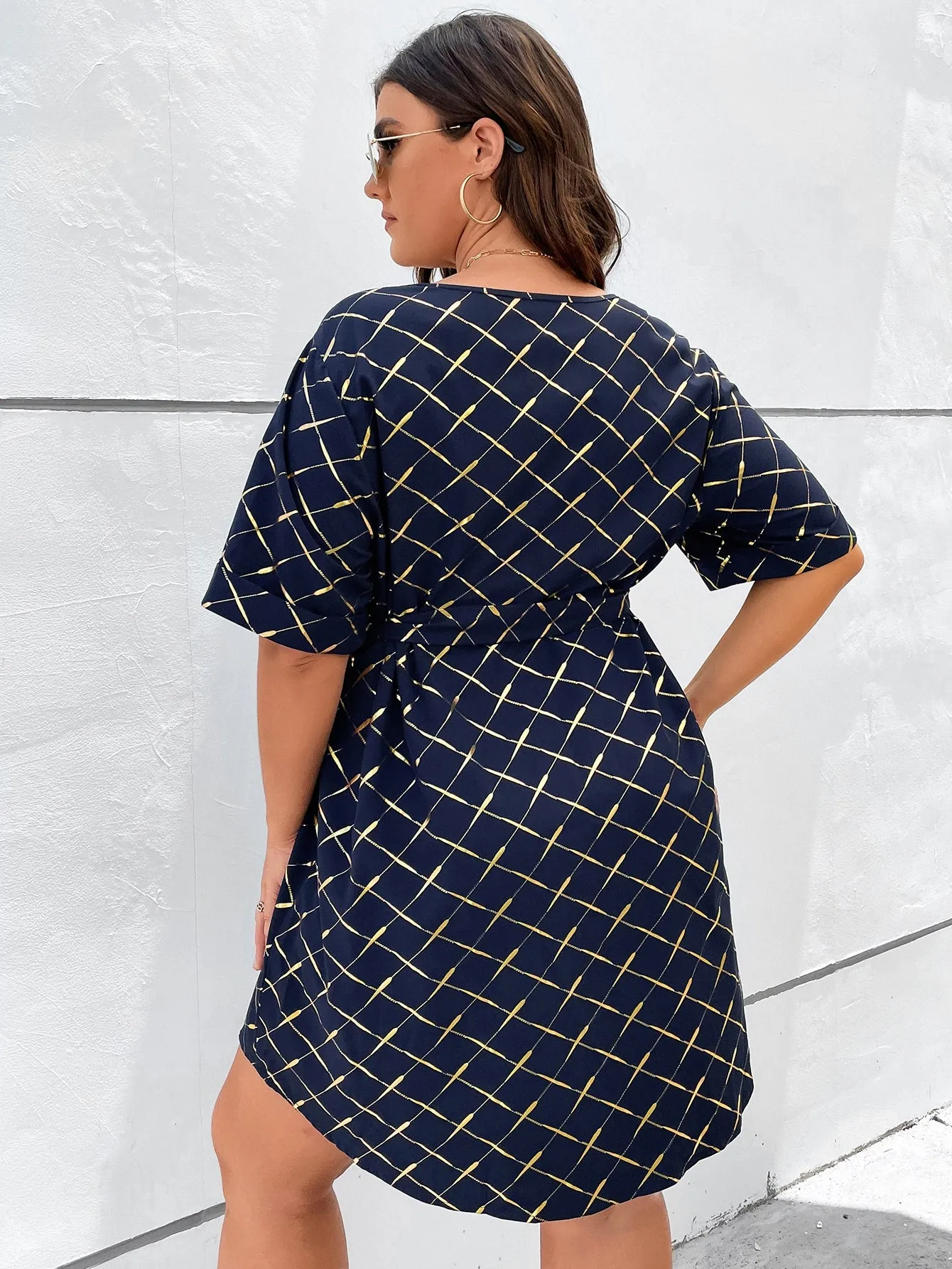 Plus Notched Neck Belted Grid Print Dress