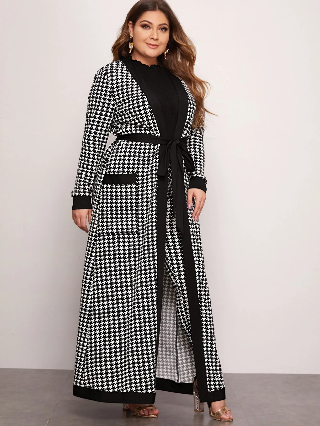 Plus Patch Pocket Belted Houndstooth Coat Leggings Set