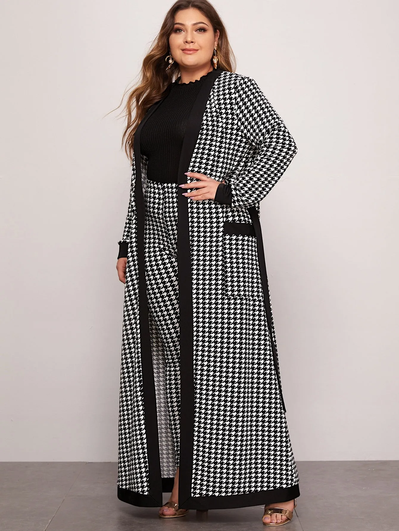 Plus Patch Pocket Belted Houndstooth Coat Leggings Set