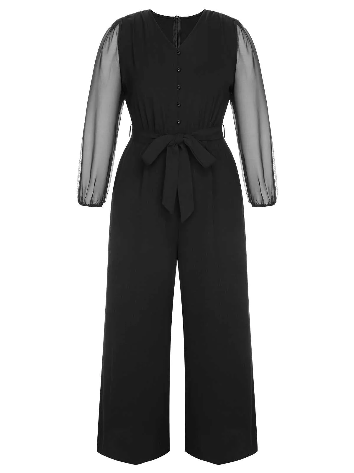 [Plus Size] Black 1930s Mesh Lantern Sleeve Belted Jumpsuit