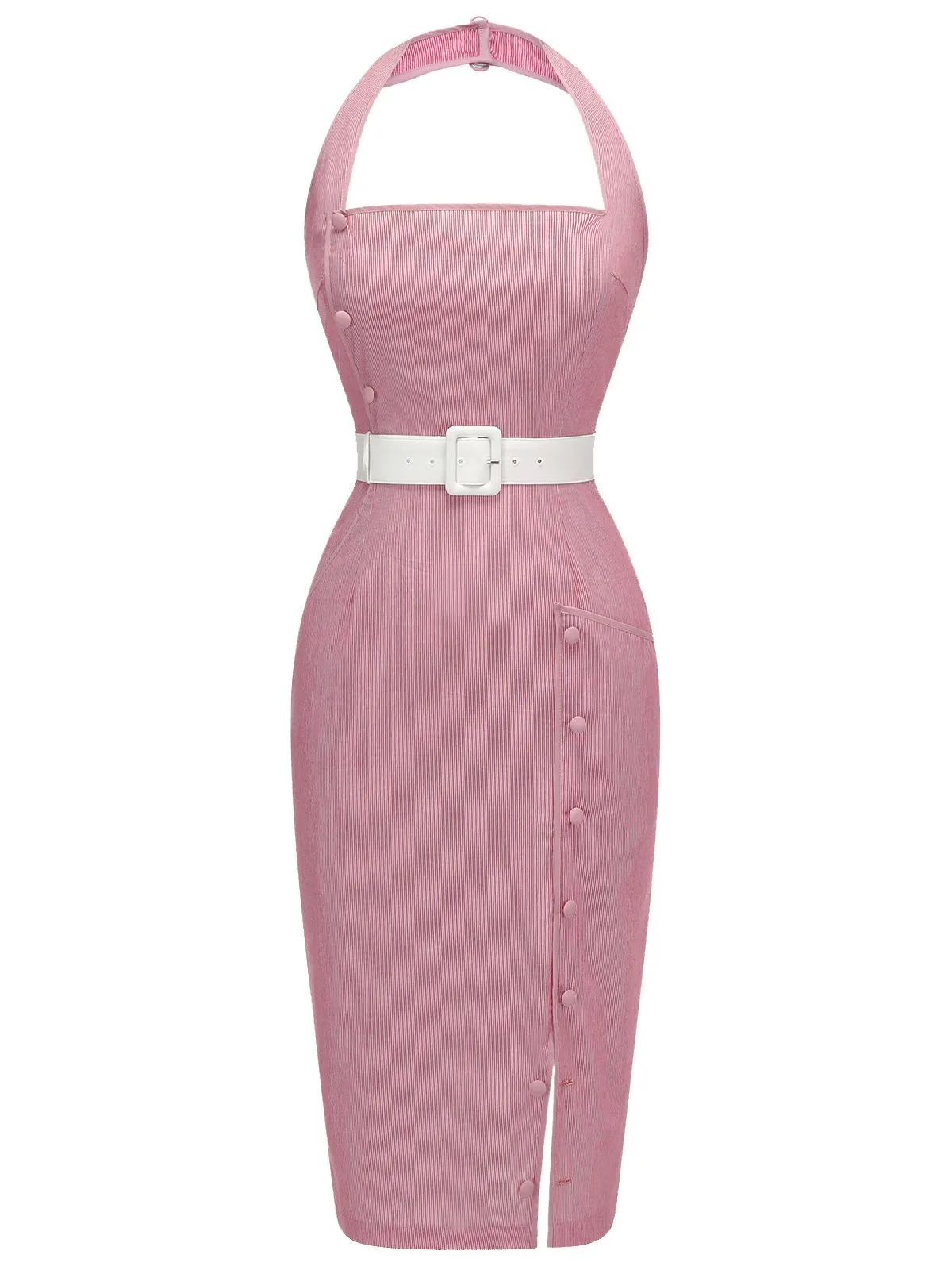 [Pre-Sale] Pink 1960s Halter Stripes Belted Bodycon Dress