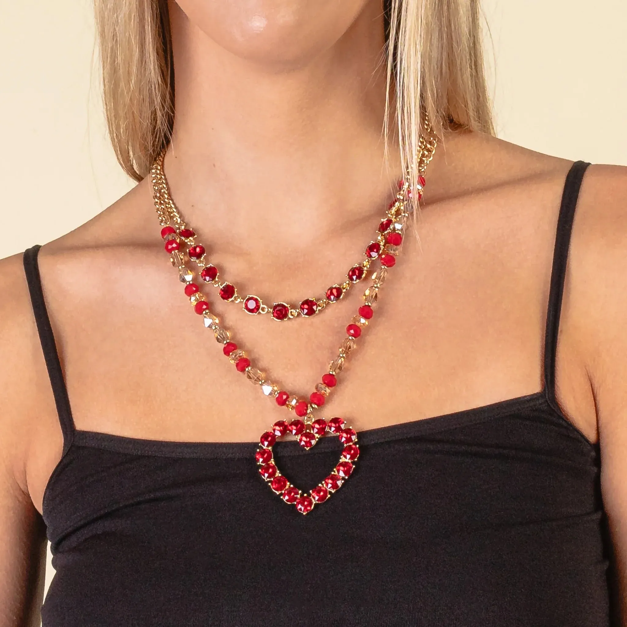 Red Bling Heart pendant 2 layer necklace