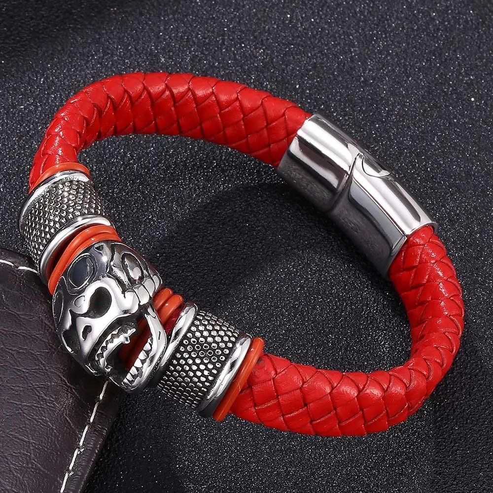 Red Braided Leather Stainless Steel Beaded Skull Bracelet